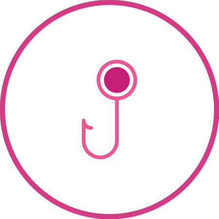A simple line drawing of a fishing hook inside a pink circle on a white background. The hook is minimalist and modern.のイラスト素材