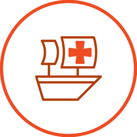 A modern line art illustration featuring a medical ship with a prominent cross on its sail, enclosed within a striking circular frame outline.のイラスト素材