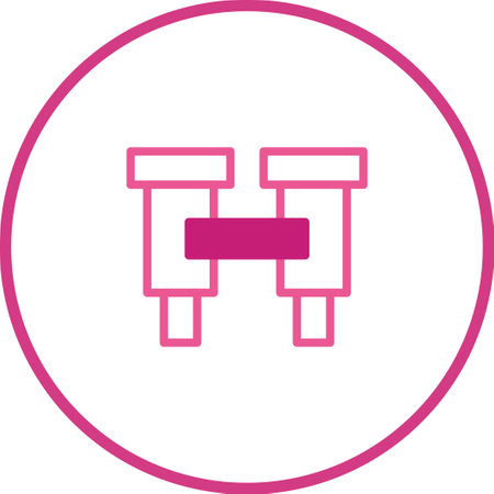 A simple, minimalist icon featuring symmetrical binoculars in a bright pink color, encased in a circular frame. Vector illustration, perfect for travel and adventure designs.のイラスト素材