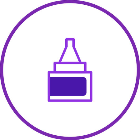 Minimalist vector graphic featuring a purple glue bottle icon, presented against a clean white background and circular border.のイラスト素材