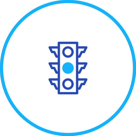 A minimalist blue traffic light icon encircled in a blue ring over a clean white background. This simple, modern design emphasizes traffic regulation and safety.のイラスト素材