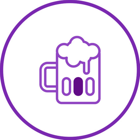 A stylized icon of a beer mug with overflowing foam is presented within a circular purple outline, perfect for menus or graphics related to bars and pubs.のイラスト素材