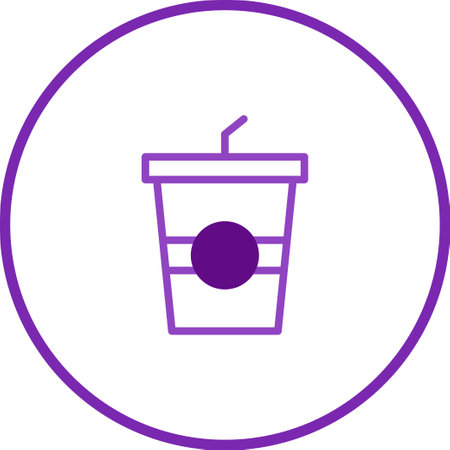A simple, minimalist line drawing of a purple soda cup with a straw, presented within a purple circle. Ideal for graphic design or icon usage.のイラスト素材