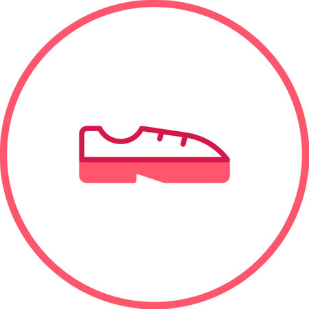 An outlined icon depicts a simple shoe with a round border. It's an ideal minimalist graphic for designs related to style and fashion.のイラスト素材