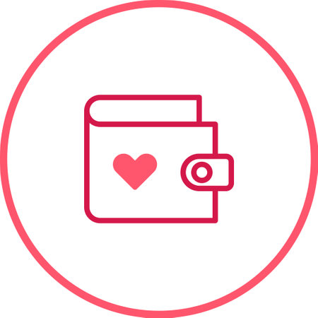 A minimalist wallet icon with a heart symbol, rendered in pink. The design is clean and modern, set against a white backdrop.のイラスト素材
