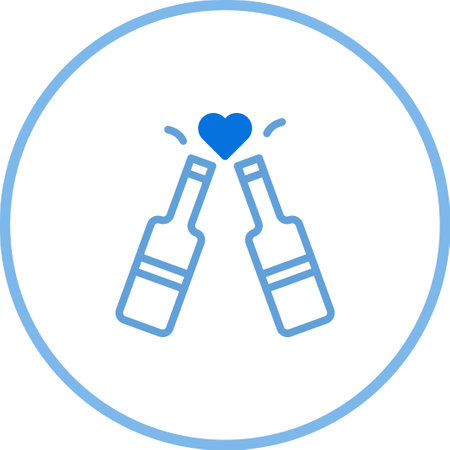 The design features two bottles clinking under a blue heart shape, perfect for designs related to celebrations, parties, or love themes.のイラスト素材