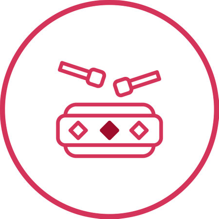 A stylized icon featuring a drum with sticks, presented in a pink outline within a circle. Ideal for representing music, percussion, or entertainment related concepts.のイラスト素材
