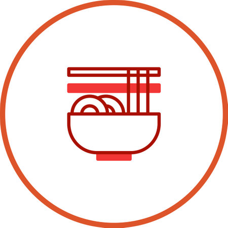 A minimalist icon of a ramen noodle bowl with chopsticks in a red outline design. Perfect for restaurant menus and brand presentations.のイラスト素材