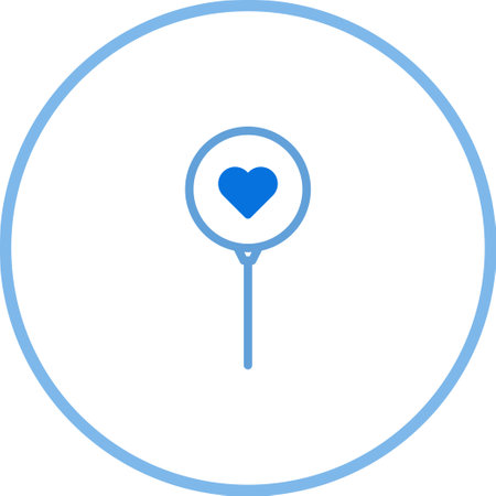 A minimalist vector illustration featuring a blue heart-shaped lollipop enclosed within a circular frame. Perfect for designs related to love, sweetness, or positive emotions.のイラスト素材
