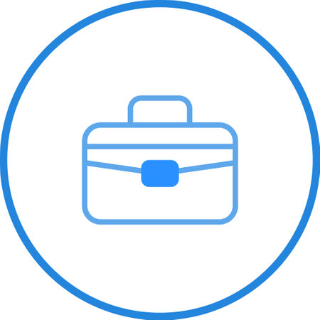 A simple and clean vector illustration of a blue outlined briefcase, enclosed within a circular frame. Symbolizing business, professionalism and career success.のイラスト素材