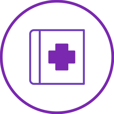 A simple icon featuring a medical handbook with a cross symbol, enclosed in a circular frame. Represents healthcare information and medical guidance.のイラスト素材