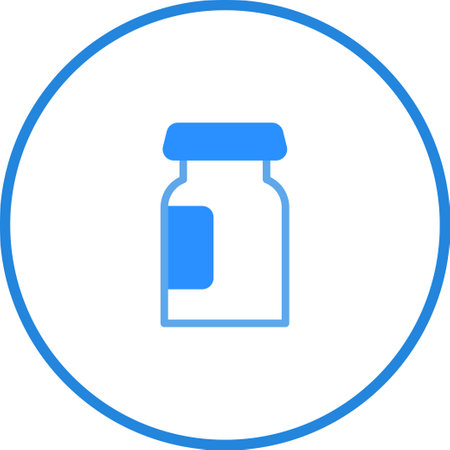 A minimalist illustration of a blue medical bottle icon. The simple design features a clean outline on a white background, making it ideal for various health and wellness related projects.のイラスト素材