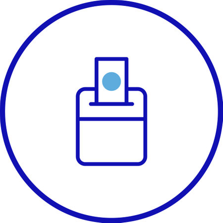 A blue and white icon shows a ballot being inserted into a voting box, enclosed in a blue circle. Represents elections and democratic participation.のイラスト素材