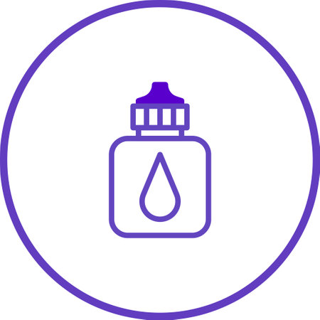 A minimalist line art illustration of an eye drops bottle within a purple circular frame, suitable for medical, health, or pharmaceutical branding.のイラスト素材