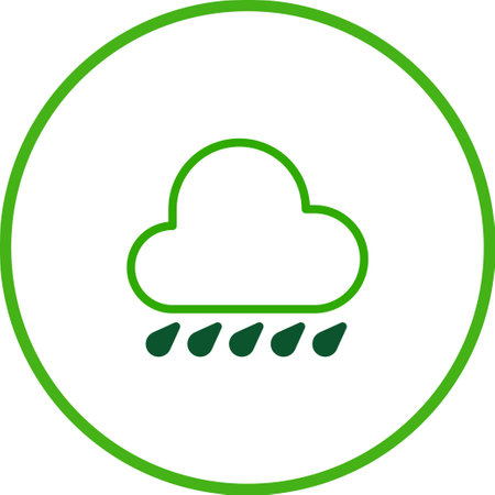 A clean and simple green rain cloud icon, perfect for weather forecasts or nature-related designs. Features a clean green outline, with raindrops falling below.のイラスト素材