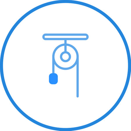 A minimalist blue line illustration of a pulley system on a white background, perfect for diagrams, educational material, or technical designs.のイラスト素材