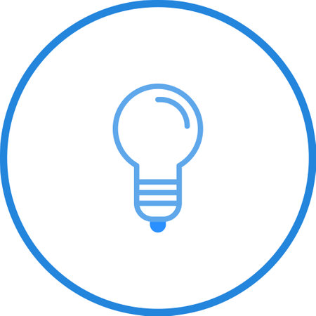 A minimalist vector illustration shows a light bulb icon, outlined in blue, inside a blue circle against a white background.のイラスト素材