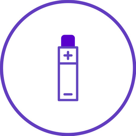 This is a minimalist illustration of an AA battery, enclosed within a circular frame. Its simple design uses clean lines and a limited color palette for a modern and sleek look.のイラスト素材