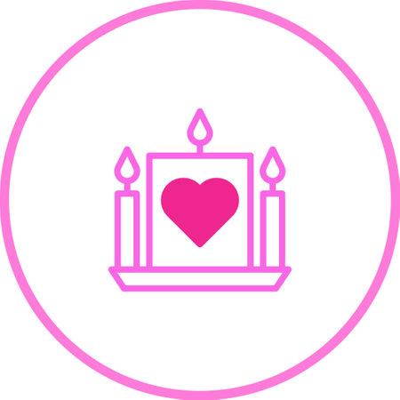 A pink vector illustration depicts a heart-adorned candle with romantic candlelight, symbolizing love, affection, and celebration in a simple icon design.のイラスト素材