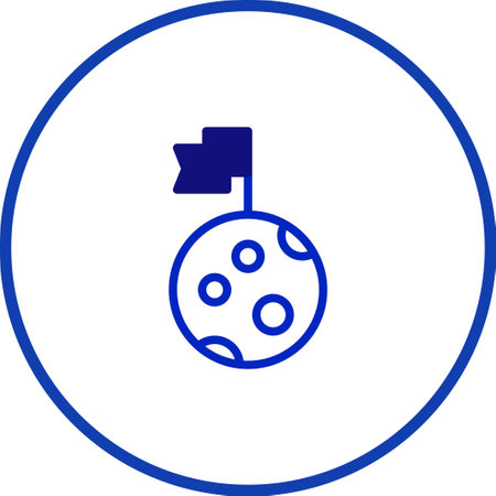 A clean and simple blue icon presents a stylized moon with craters and a flag planted on its surface, enclosed in a circular frame.のイラスト素材