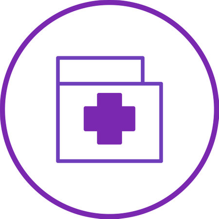 An icon of a health record, presented as a document with a medical cross symbol in purple, suitable for healthcare and medical contexts.のイラスト素材