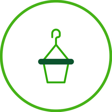 This minimalist vector illustration showcases a hanging planter icon in green, enclosed within a circle. Simple yet elegant, ideal for gardening or home decor projects.のイラスト素材