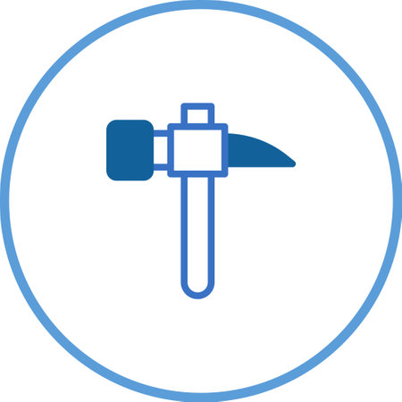A minimalist vector illustration featuring a hammer icon, rendered in blue lines within a circular border. Ideal for construction, repair, and industry-related projects.のイラスト素材