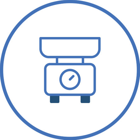 A minimalist illustration of a kitchen scale, with a simple design, on a white background, encased in a blue circle outline, clean illustration.のイラスト素材