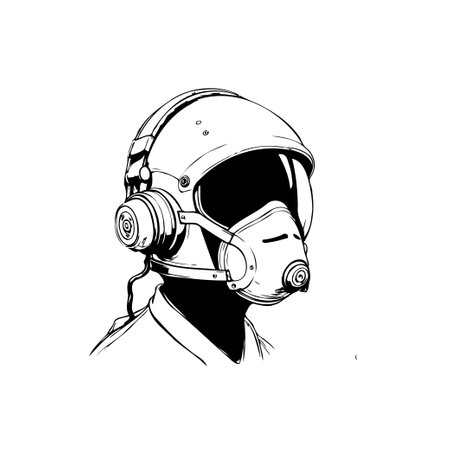 The image shows a monochrome illustration of a person wearing a helmet with a mask, drawn in a clean, stylized line art. It represents a blend of safety and modern design.のイラスト素材