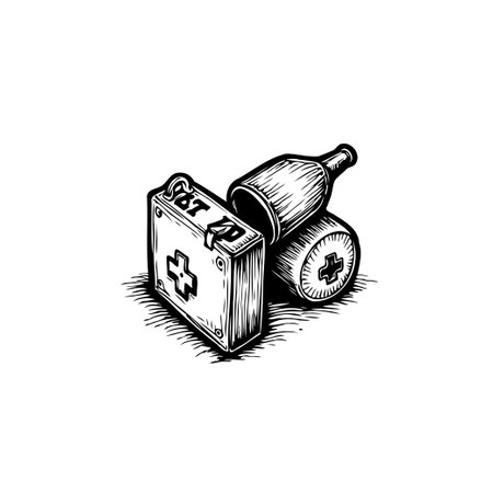 A monochrome illustration displays a first aid kit and medical supplies. The image signifies healthcare, emergency preparedness, and the importance of having medical resources readily available.のイラスト素材