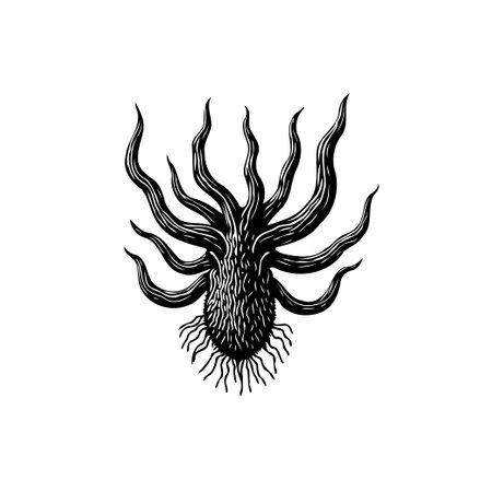 An intricate hand-drawn illustration featuring an abstract tentacled creature. The design is in black and white, with a detailed engraving style, creating a vintage and slightly spooky vibe.のイラスト素材