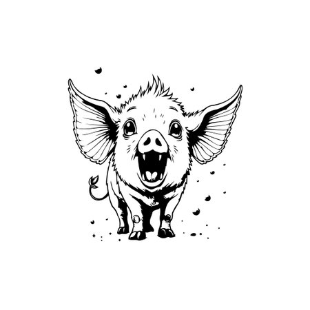 A charming black and white drawing of a cartoon piglet with a joyful expression. This cute animal illustration is perfect for designs targeting children or farm-related themes.のイラスト素材