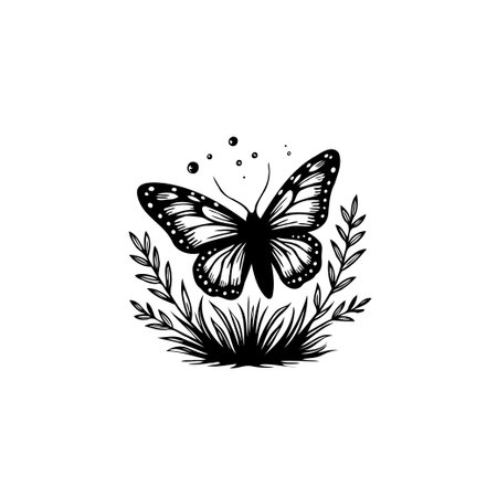 A beautifully crafted black and white illustration featuring a detailed butterfly surrounded by floral elements, evoking a sense of nature and elegance.のイラスト素材