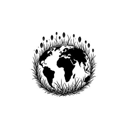 An artistic monochrome illustration depicting the earth surrounded by lush grass, symbolizing environmental protection, natural harmony, and the importance of global sustainability.のイラスト素材