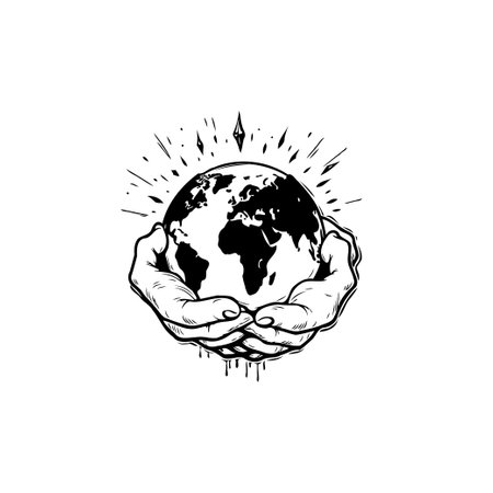 Minimalist black and white illustration featuring hands gently holding the planet Earth, radiating positive energy and conveying themes of care, environmental protection, and global responsibility.のイラスト素材