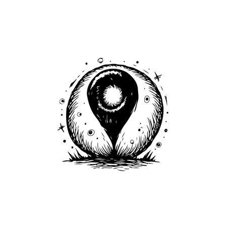 A hand-drawn illustration featuring a location pointer inside a textured orb, creating a surreal and cosmic atmosphere with stars and dots around it.のイラスト素材