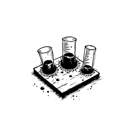 Minimalistic drawing of three glasses containing a dark liquid placed on a wooden coaster. The illustration features a hand-drawn style with spots and stainsのイラスト素材