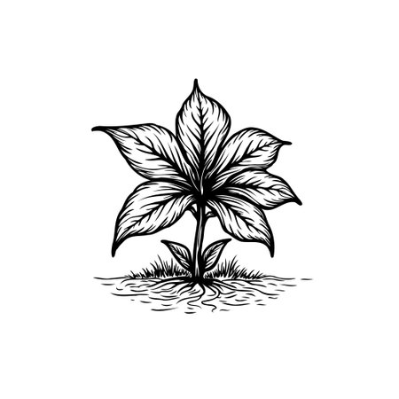 Detailed botanical illustration of a seven-leaved plant. This line art design is perfect for nature themed projects and vintage style designs.のイラスト素材
