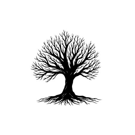 Elegant black and white illustration of a bare tree, featuring intricate branch and root details. Ideal for nature-themed designs and symbolic representations.のイラスト素材