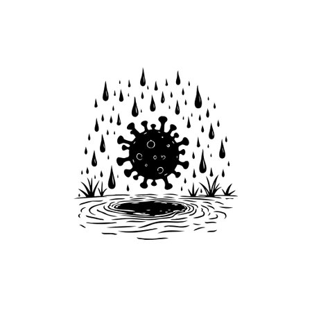 A graphic illustration shows the metaphorical impact of coronavirus, represented as rain droplets falling from the sky into a pool of water, symbolizing crisis.のイラスト素材