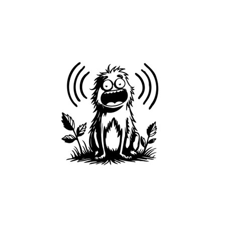 A black and white cartoon monster yells in a grassy patch. This funny illustration captures a comical expression of surprise or excitement.のイラスト素材