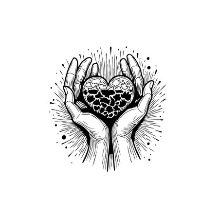A monochrome illustration of hands holding a heart, symbolizing love, care, and the importance of support and compassion.のイラスト素材
