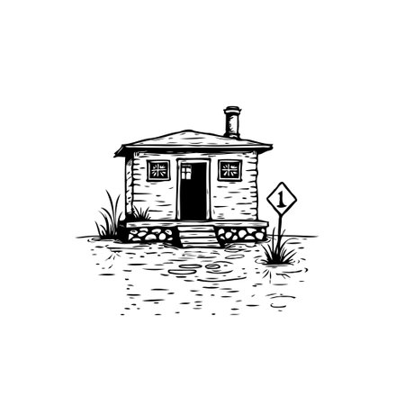 A black and white drawing of a small cabin with a chimney stands in the water, next to a sign with the number one.のイラスト素材