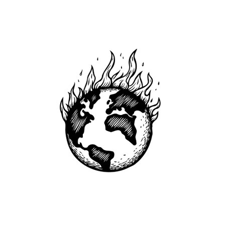 Conceptual image portraying a world globe engulfed in flames. Symbolizing a global climate crisis, environmental disaster, and the urgent need for ecological solutions.のイラスト素材