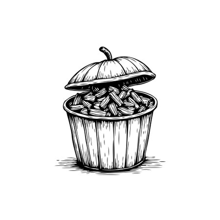 A hand-drawn illustration depicts a container overflowing with pasta, its lid slightly ajar, creating an inviting scene of culinary anticipationのイラスト素材