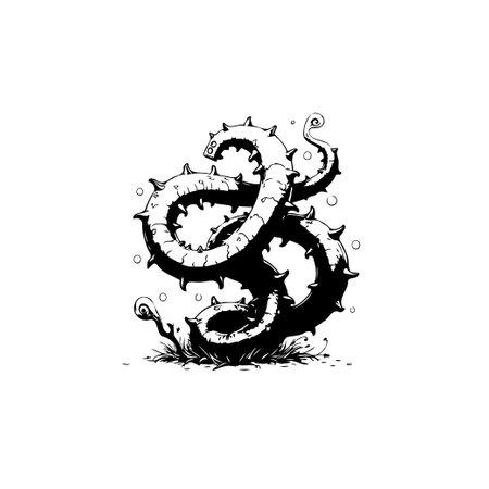 A detailed black and white illustration of a coiled, spiked serpent-like creature, rendered in a classic ink drawing style. This image evokes a sense of fantasy and mythical horror.のイラスト素材