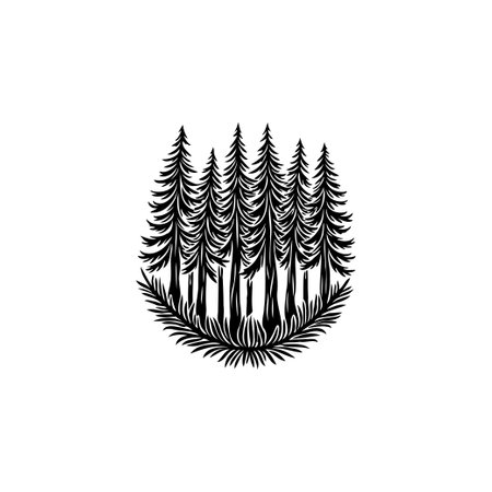A monochrome illustration features a dense pine forest in silhouette. Ideal for logos, designs, and nature-related projects, it creates a serene and timeless aesthetic.のイラスト素材