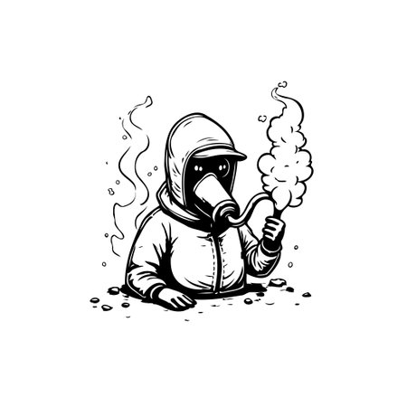 A black and white cartoon style illustration of a person wearing a hazmat suit and holding a smoke grenade, conveying a sense of danger or protection.のイラスト素材