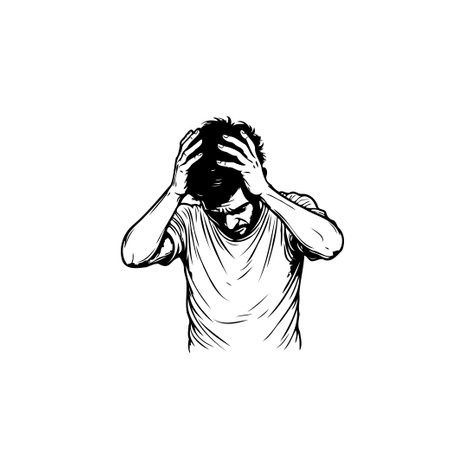 Black and white illustration of a man holding his head in his hands. The image conveys feelings of stress, depression, and mental anguish.のイラスト素材