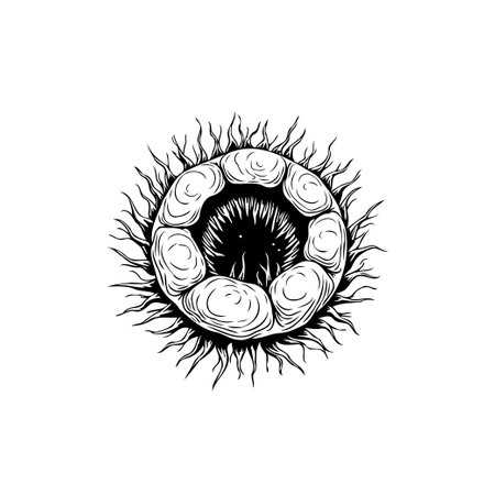This monochrome floral fantasy design showcases a vector drawing of a central circular element with artistic swirls and ornate detailing, set against an isolated background.のイラスト素材